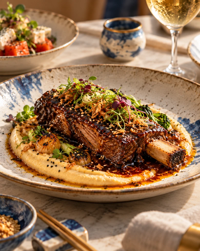 Galbi Braseado com purê de grão-de-bico.