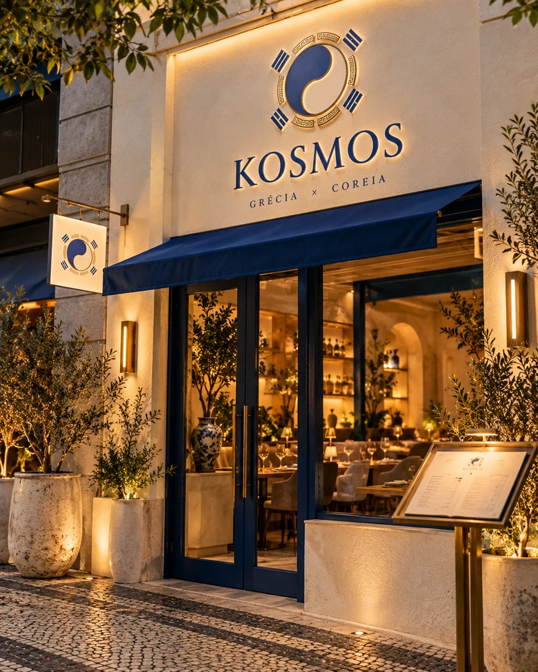 Fachada KOSMOS ao entardecer, com toldo cobalto, paredes claras e iluminação quente.