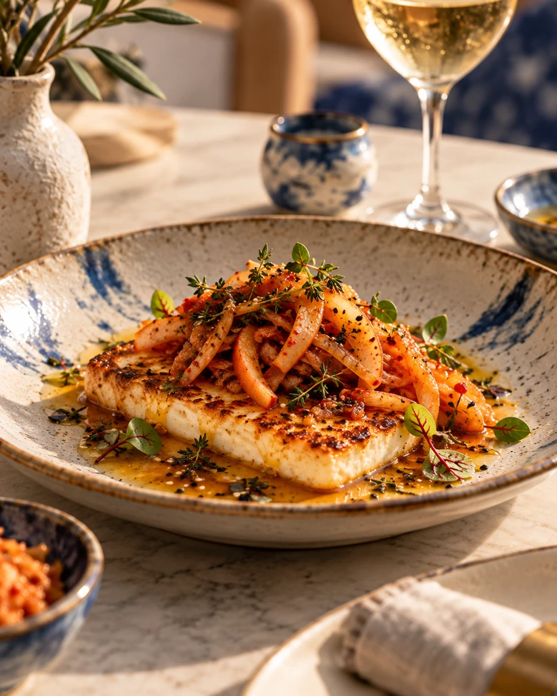 Saganaki de Kimchi com queijo kefalotyri dourado, kimchi de maçã e mel de tomilho.