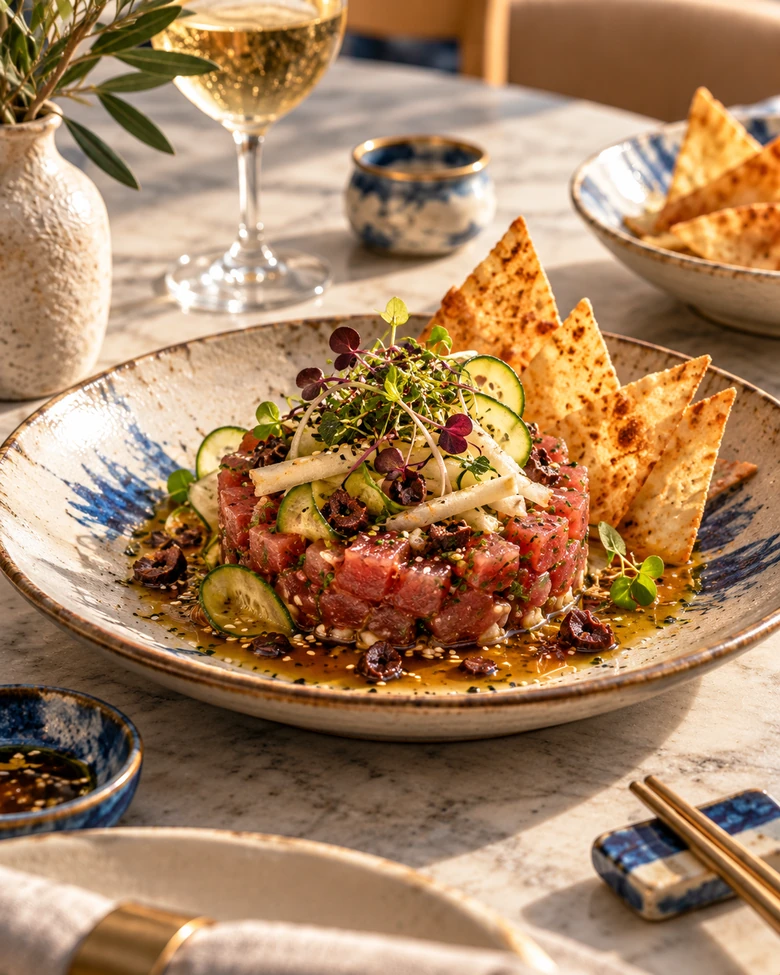 Tartare de atum com chips de pita sobre prato marfim decorado em cobalto.