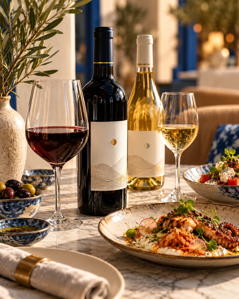 Taças de vinho branco e tinto ao lado de garrafas e pratos, composição editorial da carta de vinhos.