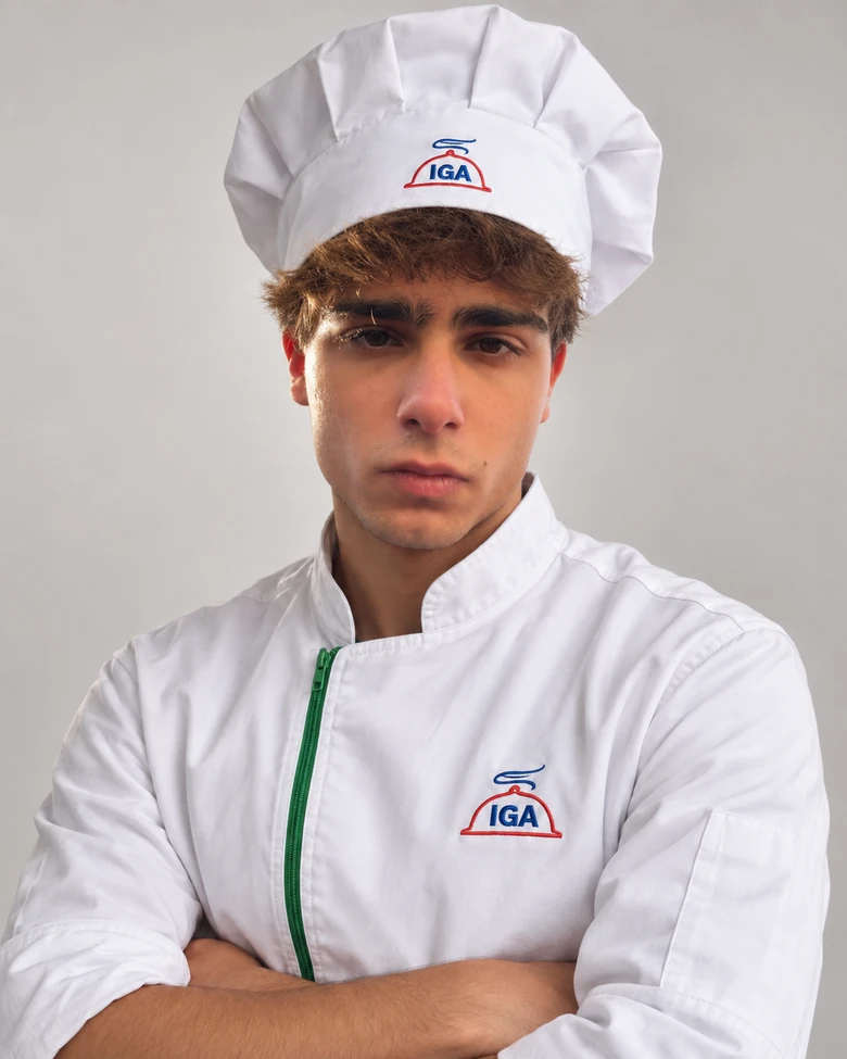 Bernardo usando uniforme branco e toque de chef com identificação IGA.