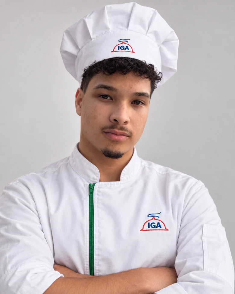 Kayke usando uniforme branco e toque de chef com identificação IGA.